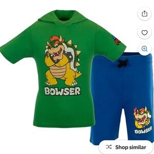 Nintendo Characters Super Mario Bowser Hooded Tee and Blue Shorts Set Size8 NWT